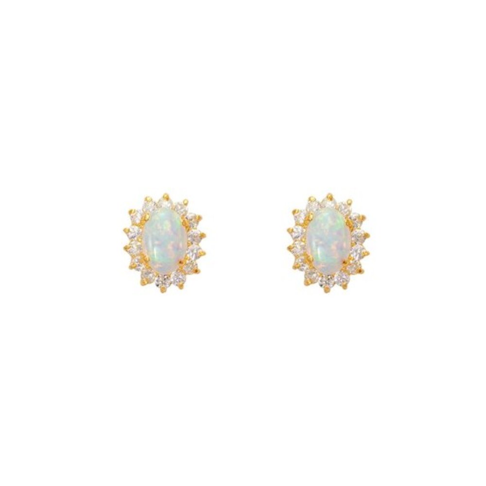 14k REAL GOLD Flower Opal CZ Stud Earrings